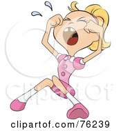 Poster, Art Print Of Blond Girl In Pink Sitting And Crying While Rubbing Her Eyes