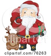 Poster, Art Print Of Kris Kringle With A Reindeer Holding A Sack And Present