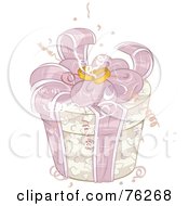 Poster, Art Print Of Round Beige Wedding Gift Box With Pink Ribbons And Rings On Top