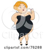 Pleasantly Plump Woman In A Sexy Black Dress Sipping A Drink