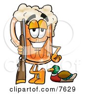 Beer Mug Mascot Cartoon Character Duck Hunting Standing With A Rifle And Duck
