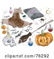Royalty Free RF Clipart Illustration Of A Digital Collage Of Halloween Stuff Witch Hat Spider Bats Pumpkin Broomstick And Skull