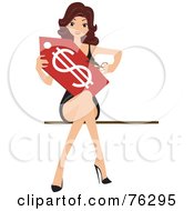 Royalty Free RF Clipart Illustration Of A Sexy Brunette Woman Cutting A Dollar Tag by BNP Design Studio