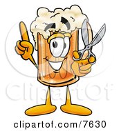 Beer Mug Mascot Cartoon Character Holding A Pair Of Scissors