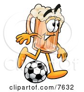 Beer Mug Mascot Cartoon Character Kicking A Soccer Ball