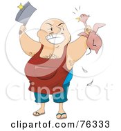 Fat Hairy Butcher Man Holding A Knife And Chicken