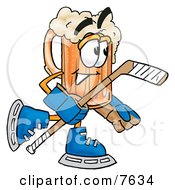 Beer Mug Mascot Cartoon Character Playing Ice Hockey