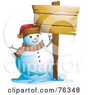 Poster, Art Print Of Happy Snowman Beside A Blank Wooden Sign