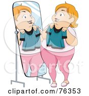 Poster, Art Print Of Pleasantly Plump Woman Holding Up A Shirt And Standing In Front Of A Mirror
