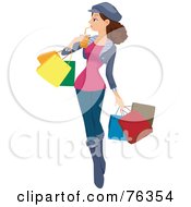 Poster, Art Print Of Brunette Girl Sipping A Beverage And Carrying Shopping Bags