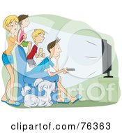 Family Of Four And Their Dog Watching Television In A Theater Room