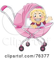 Blond Baby Girl Waving In A Pink Baby Pram