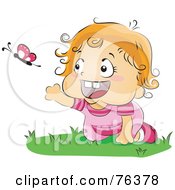 Blond Baby Girl Chasing A Butterfly While Crawling On Grass