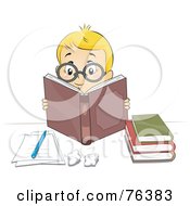 Poster, Art Print Of Smart Blond Boy Wearing Glasses And Reading Books