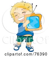 Poster, Art Print Of Happy Blond Boy Hugging His Television