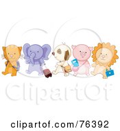 Poster, Art Print Of Group Of School Animals Walking In Line Cat Elephant Puppy Piglet And Lion