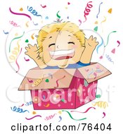 Poster, Art Print Of Happy Boy Popping Out Of A Gift Box At A Surprise Party