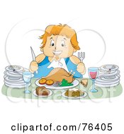 Poster, Art Print Of Chubby Woman Feasting On A Turkey Meal With Plates At Her Sides