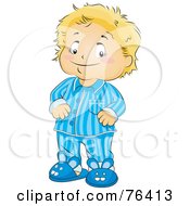 Blond Boy In His Pajamas And Bunny Slippers