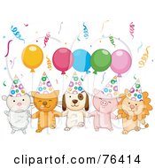 Lamb Kitten Puppy Piglet And Lion With Birthday Party Balloons And Confetti