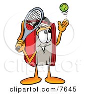 Red Book Mascot Cartoon Character Preparing To Hit A Tennis Ball
