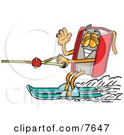 Clipart Picture Of A Red Book Mascot Cartoon Character Waving While Water Skiing