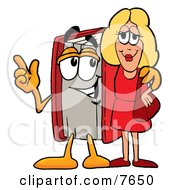 Red Book Mascot Cartoon Character Talking To A Pretty Blond Woman