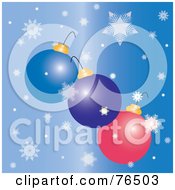 Poster, Art Print Of Three Christmas Bulbs Falling With Snowflakes Over Blue