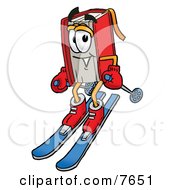 Poster, Art Print Of Red Book Mascot Cartoon Character Skiing Downhill
