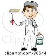 Poster, Art Print Of Friendly Caucasian Painter Stick Boy With A Roller Brush