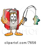 Poster, Art Print Of Red Book Mascot Cartoon Character Holding A Fish On A Fishing Pole