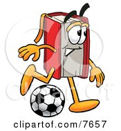 Poster, Art Print Of Red Book Mascot Cartoon Character Kicking A Soccer Ball
