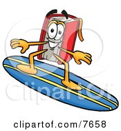 Poster, Art Print Of Red Book Mascot Cartoon Character Surfing On A Blue And Yellow Surfboard