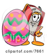 Poster, Art Print Of Red Book Mascot Cartoon Character Standing Beside An Easter Egg