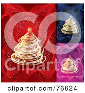 Royalty Free RF Clipart Illustration Of A Digital Collage Of Golden Christmas Trees Over A Blue Pink And Red Backgrounds With Confetti