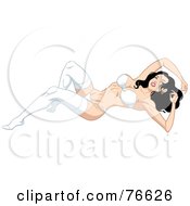 Royalty Free RF Clipart Illustration Of A Sexy Black Haired Pinup Woman Laying In White Stockings Panties And A Bra