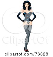 Poster, Art Print Of Sexy Standing Pinup Woman In Heels Stockings And Leather Undergarments