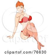 Poster, Art Print Of Sexy Redhead Pinup Woman In Stockings A Red Bra And Panties