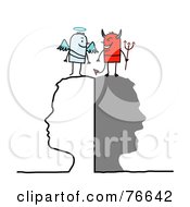 Poster, Art Print Of Silhouetted Head With Stick People Angel And Devil On Top
