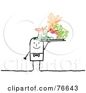 Stick People Character Man Serving A Tray Of Colorful Fruits
