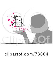 Poster, Art Print Of Silhouetted Boy Blowing Hearts At A Stick People Character Woman