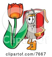 Poster, Art Print Of Red Book Mascot Cartoon Character With A Red Tulip Flower In The Spring