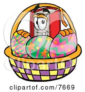 Red Book Mascot Cartoon Character In An Easter Basket Full Of Decorated Easter Eggs
