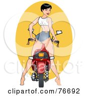 Poster, Art Print Of Pinup Woman Looking Back And Standing Over Her Moped