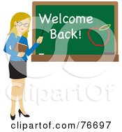 Poster, Art Print Of Blond Caucasian Female School Teacher Pointing To A Chalk Board With Welcome Back And An Apple