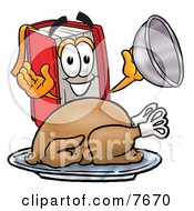 Poster, Art Print Of Red Book Mascot Cartoon Character Serving A Thanksgiving Turkey On A Platter