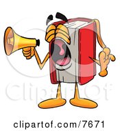 Poster, Art Print Of Red Book Mascot Cartoon Character Screaming Into A Megaphone