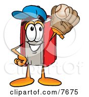 Poster, Art Print Of Red Book Mascot Cartoon Character Catching A Baseball With A Glove
