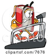 Red Book Mascot Cartoon Character Walking On A Treadmill In A Fitness Gym