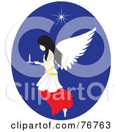 Poster, Art Print Of Black Haired Female Angel Flying In A Blue Oval With A Candle And Star